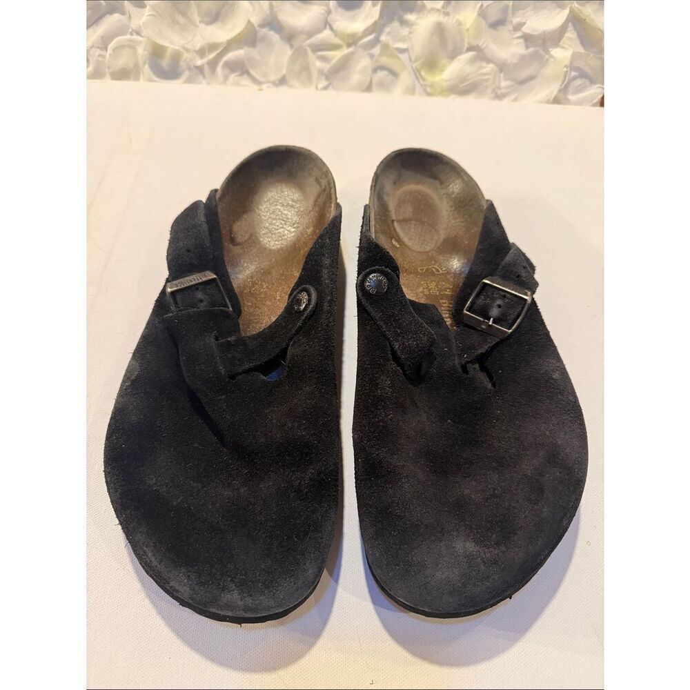 Birkenstock Black Suede Slip-On Clogs with Buckle